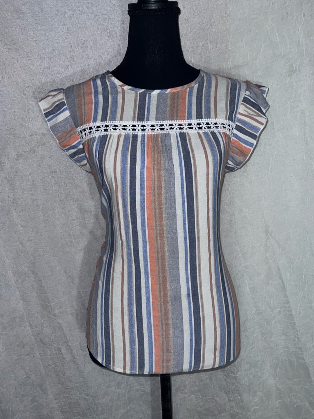Striped Flutter Sleeve Women’s Top in Blue, Cream & Rust